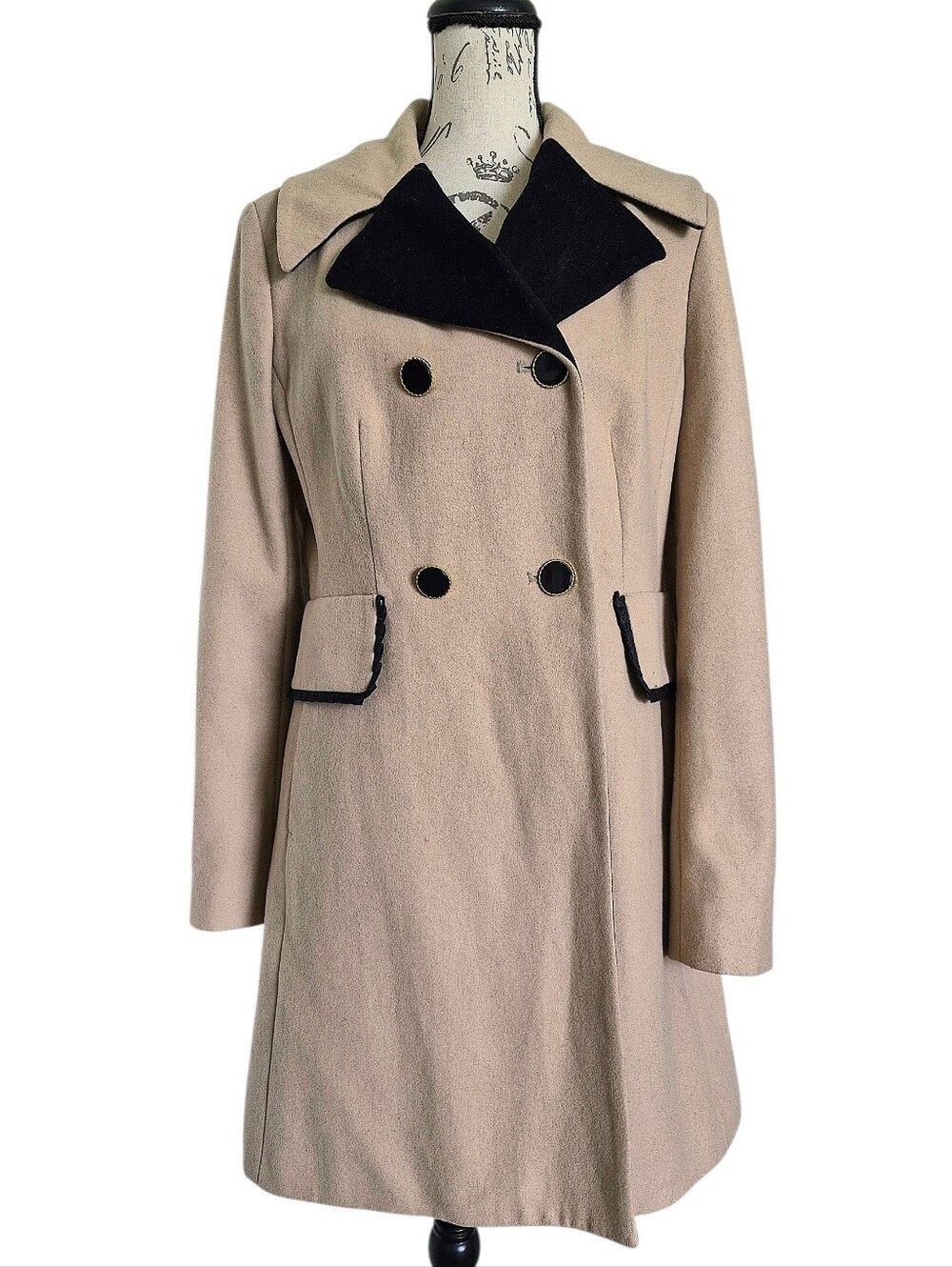 Betsey Johnson Trench Long Wool Button Double Breasted overcoat Beige 12 Winter